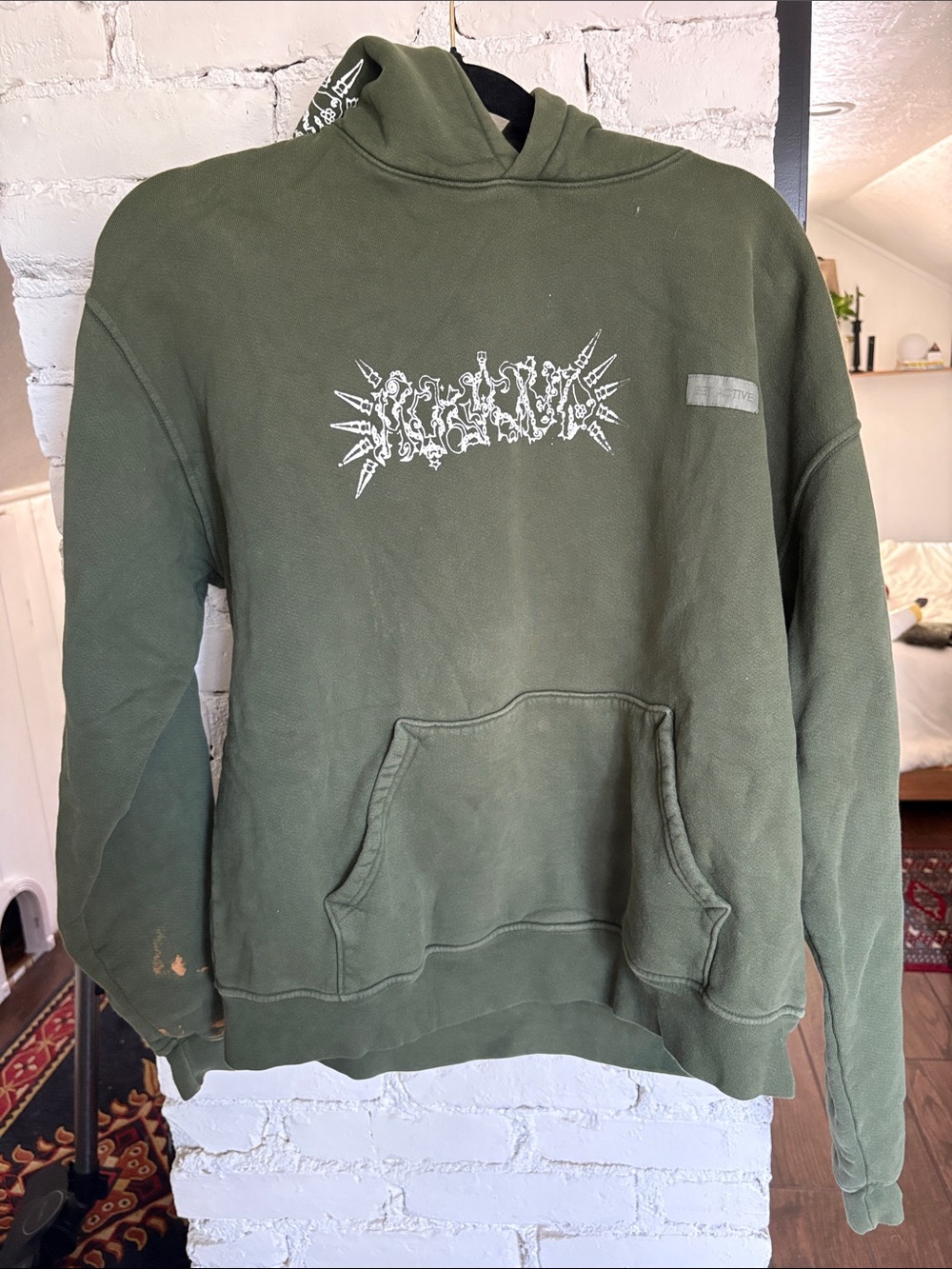 SET ACTIVE Olive Green Screen Print Graphic Hoodie Distressed